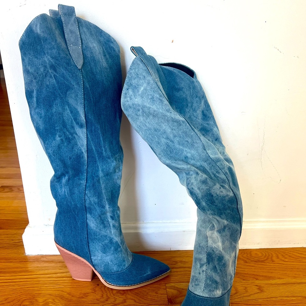 Luxedress Blue Boots SASSY POINTED TOE CUBAN HEEL KNEE HIGH DENIM WESTERN BOOTS